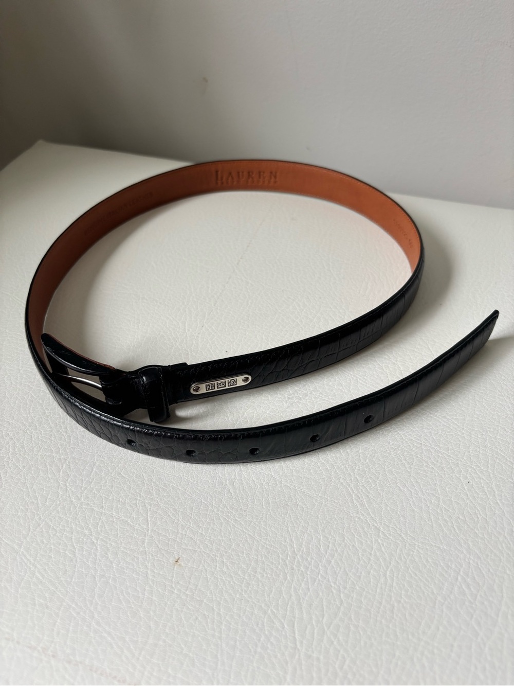 Ralph Lauren Black Croc-Embossed Leather Belt with Brown Interior size S